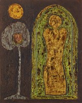 Deldar Felemez, Das Leben ist Silber und der Tod ist Gold,
2023 Erde und div. Materialien auf Leinwand, 125 x 130 cm, Foto: Peter Schälchli